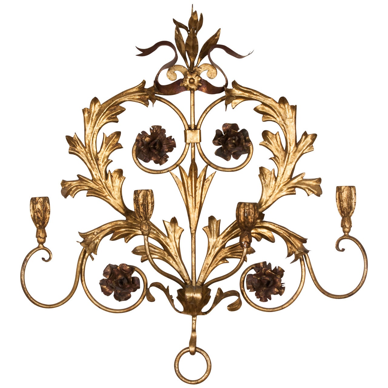 Elaborate Floral Gilt Iron Candle Sconce For Sale