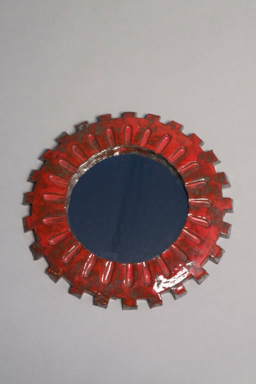 Modernist Circular Red Glazed Ceramic Frame Mirror