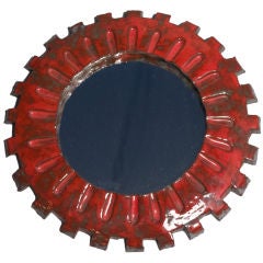 Modernist Circular Red Glazed Ceramic Frame Mirror