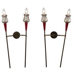 Pair of Red Celluloid and Brass Sconces