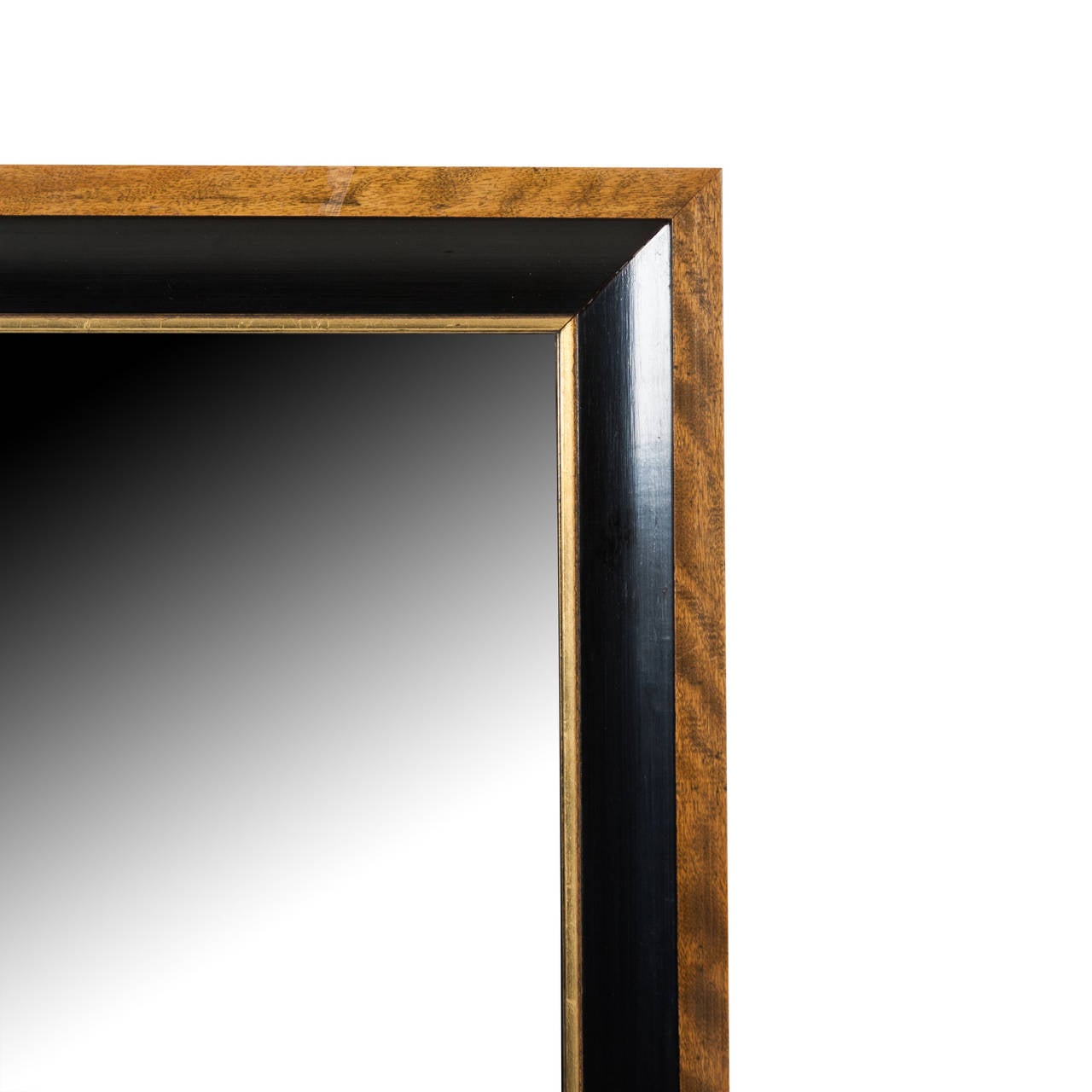 Mahogany and ebonized rectangular frame mirror, outer mahogany border with ebonized curved well, giltwood detail surrounding mirrored glass, American, 1960s. Measures: Height 27 in, width 23 in and depth 1 3/4 in. (Item #2308 sats) 

Note: Minor