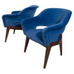 Pair of Blue Upholstered Compass Base Armchairs by Charles Ramos