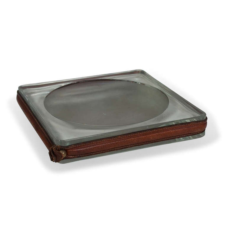 French Hand-Stitched Leather and Glass Dish