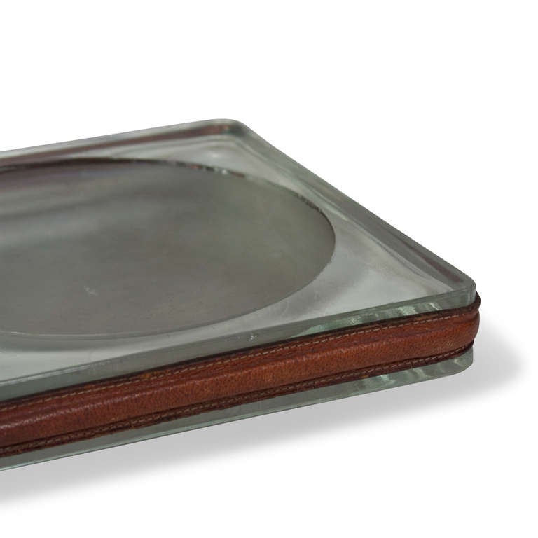 Hand-Stitched Leather and Glass Dish In Excellent Condition In Brooklyn, NY