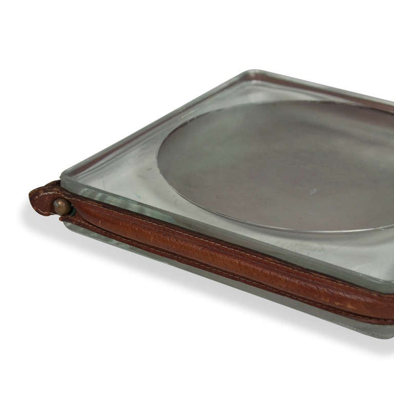 Mid-20th Century Hand-Stitched Leather and Glass Dish