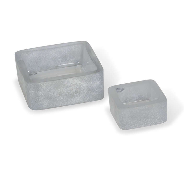 Two frosted glass dishes, square:
On left: Square white frosted glass dish, with textured sides and insides, by Seguso, Italian 1970s. 2  3/4 high, 7 in square. (Item #2078)
On right: Square white frosted glass dish, with textured sides, insides