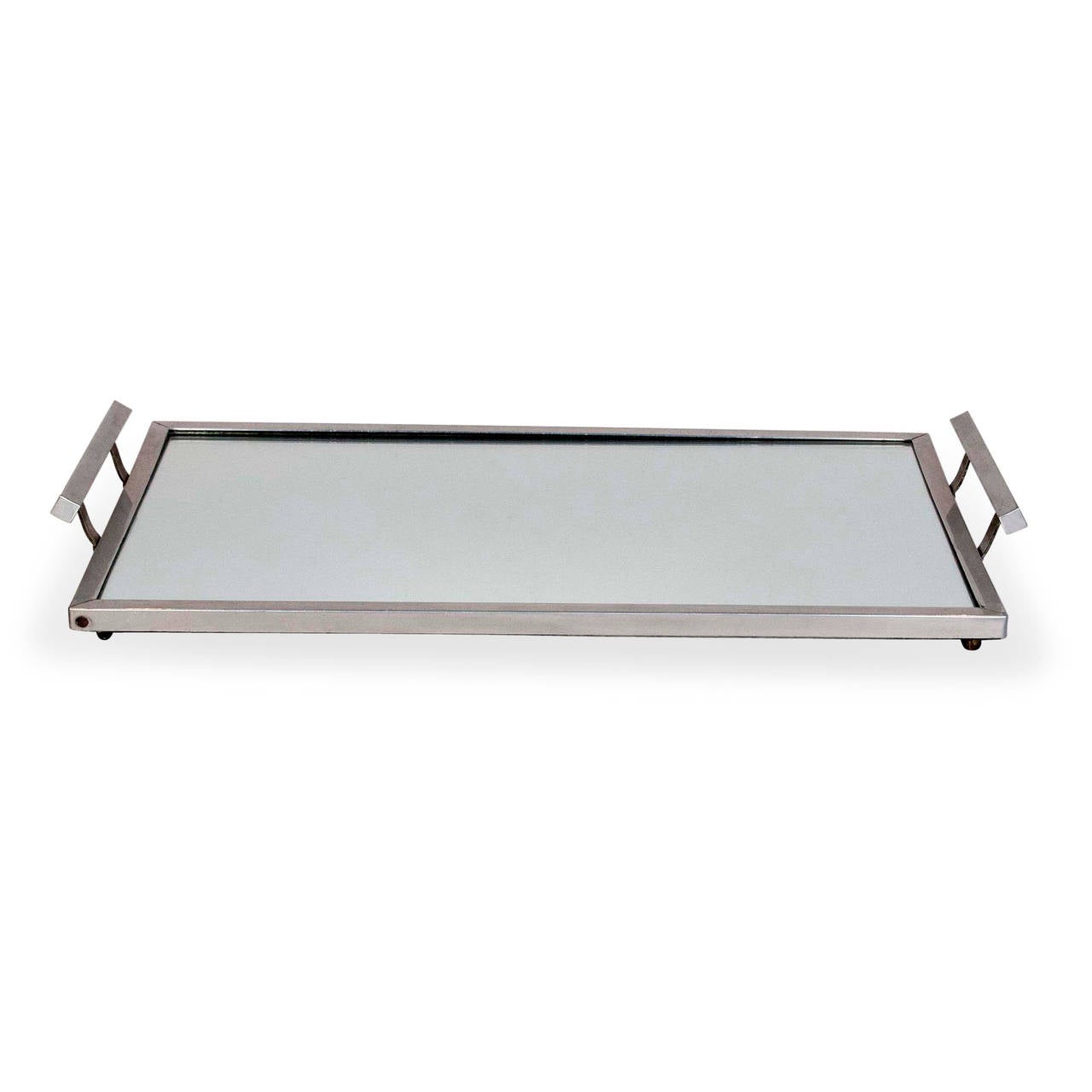 Aluminium frame serving tray with mirror surface, with wood underside backing, French 1930s. 25 1/4 in x 14 1/2 in. (Item #1746)