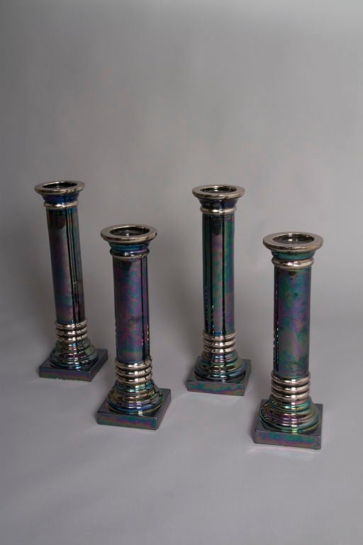 Four Large Silver Lustre Glaze Ceramic Pillar Candlesticks
