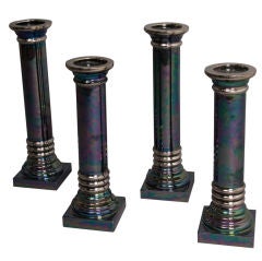 Four Large Silver Lustre Glaze Ceramic Pillar Candlesticks