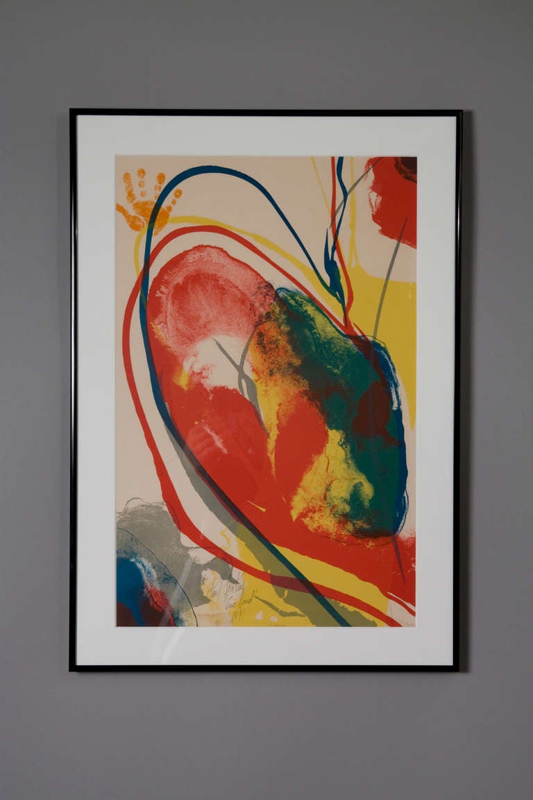 Abstract lithograph in multiple colors: red, blue, green yellow. Signed, dated in pencil by the artist. Image dimensions 19 1/4 in x 12 1/4 in. Framed 22 7/8 x 15 7/8 in. (Item #1497)