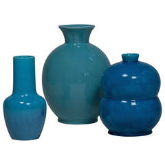 Three Blue Ceramic Vases