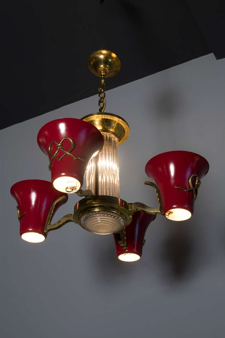 French  Red Lacquered, Brass and Glass Rod Chandelier by Petitot