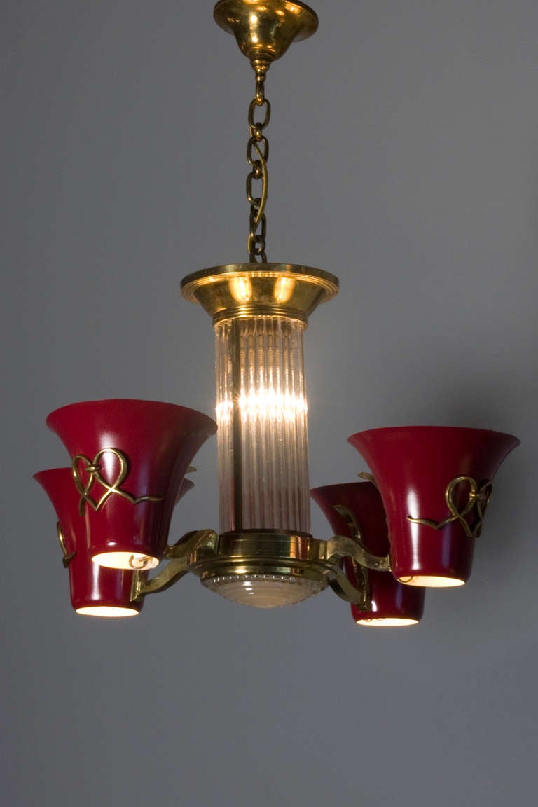  Red Lacquered, Brass and Glass Rod Chandelier by Petitot In Excellent Condition In Brooklyn, NY