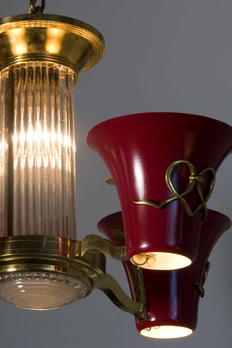 Mid-20th Century  Red Lacquered, Brass and Glass Rod Chandelier by Petitot