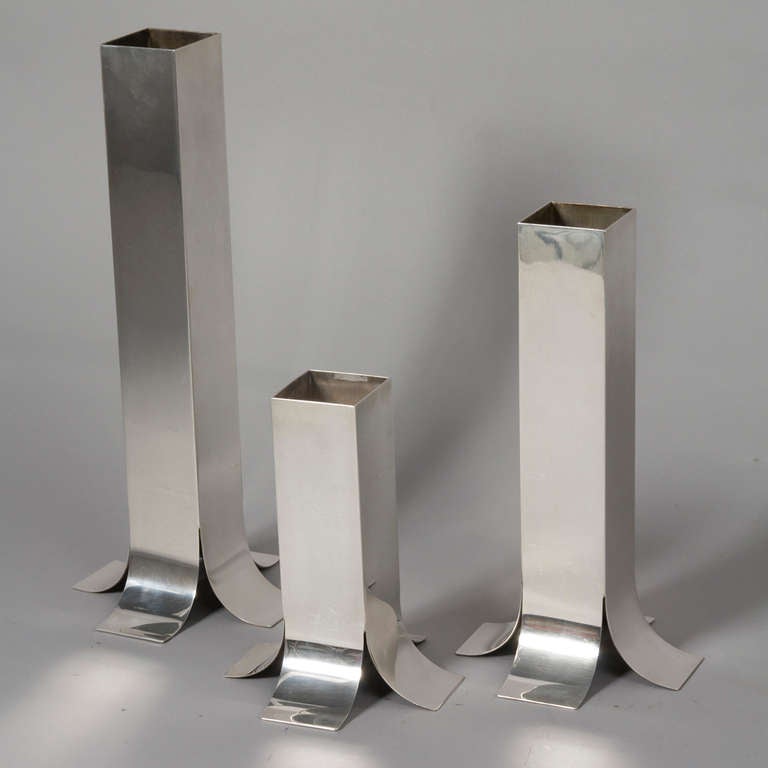 Set of Three Flared Foot Silver Plated Vases by Lino Sabattini