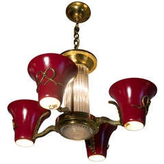  Red Lacquered, Brass and Glass Rod Chandelier by Petitot