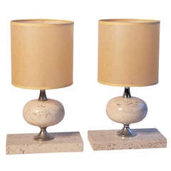 1970s French Travertine Table Lamps
