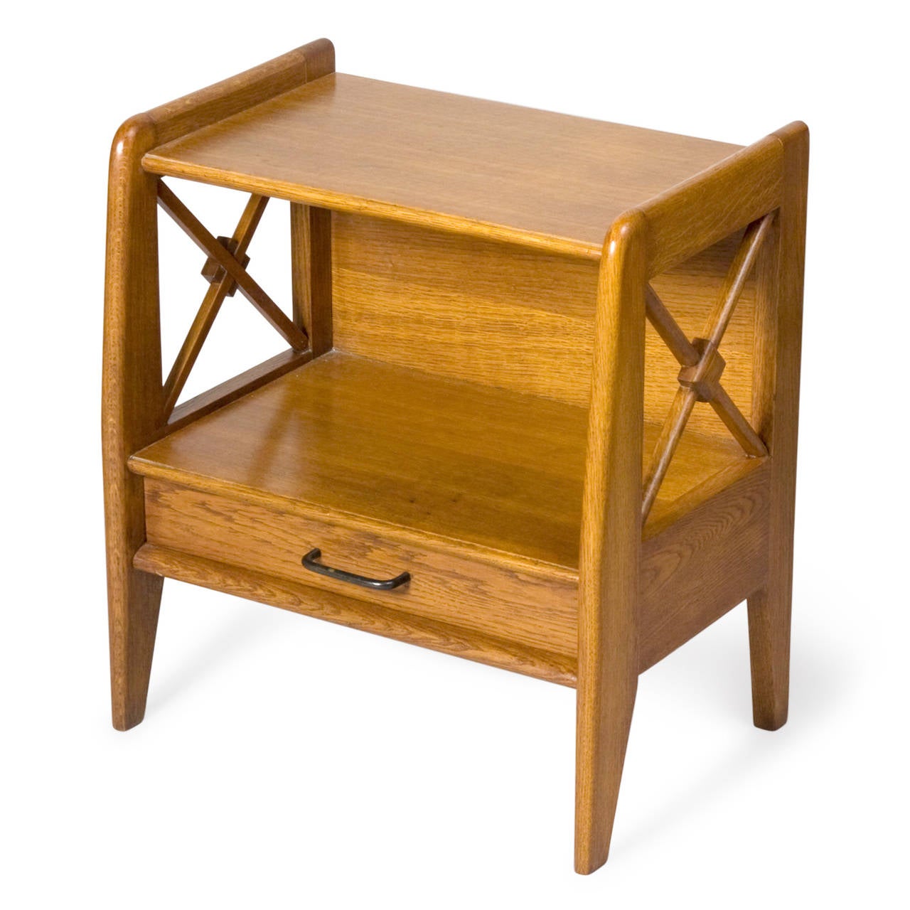 Pair of single-drawer oak end tables, croisillon sides with lower drawer forming shelf, gently tapering legs, in style of Jacques Adnet, French, 1950s. Height 21 1/2 in, top surface height 20 1/2 in, lower shelf height 10 in, width 19 1/2 in, depth