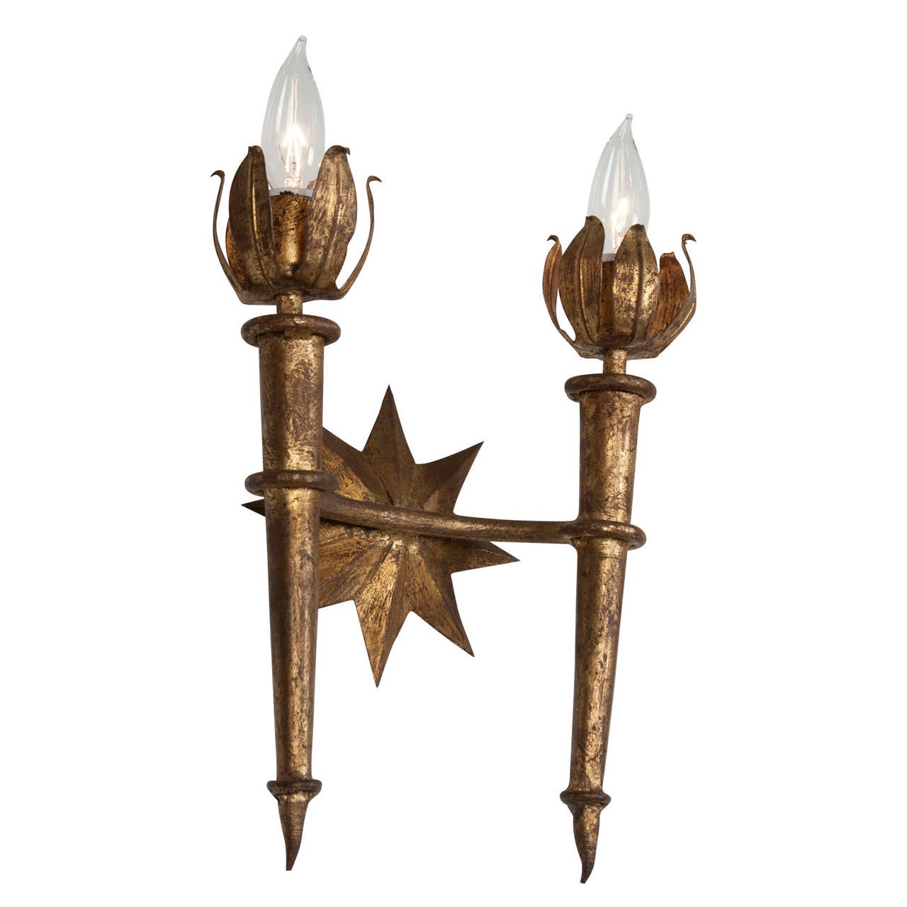Metal Pair of Poillerat Style Wall Sconces For Sale