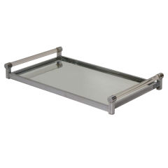 Nickeled Bronze Frame Glass Handle Serving Tray by Jacques Adnet