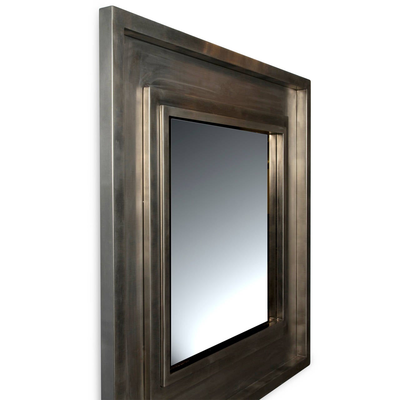 Brushed stainless steel square frame mirror, the frame composed of superimposed squares giving sense of depth and movement, French 1970s. 42 1/2 inches square. (Item #1439)