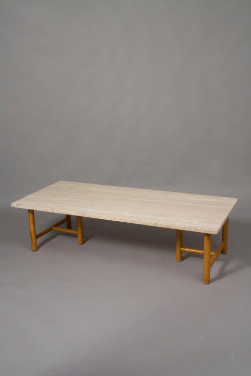 Walnut Dowel Frame Travertine Coffee Table by Robsjohn-Gibbings