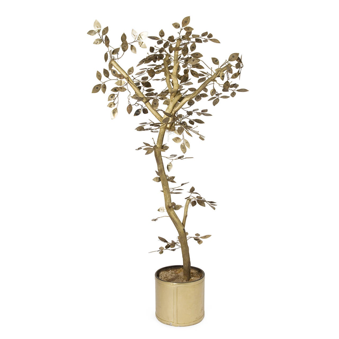 Large brass and gilt painted wood tree sculpture, the leaves in patinated brass, attached to genuine wood tree set into a resin material in a brass cylindrical pot, by C. Jere for Artisan House, America, early 1970s. Height 6 feet.
