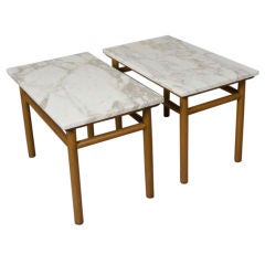 Pair of Walnut Dowel Frame Marble Top End Tables by Gibbings