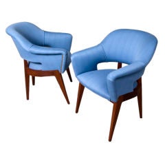 Pair of Oak "Compass" Base Upholstered Armchairs by Ramos
