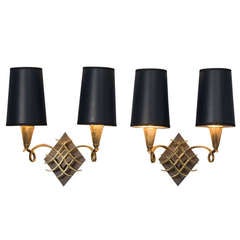 Patinated Bronze Crosshatch Wall Sconces