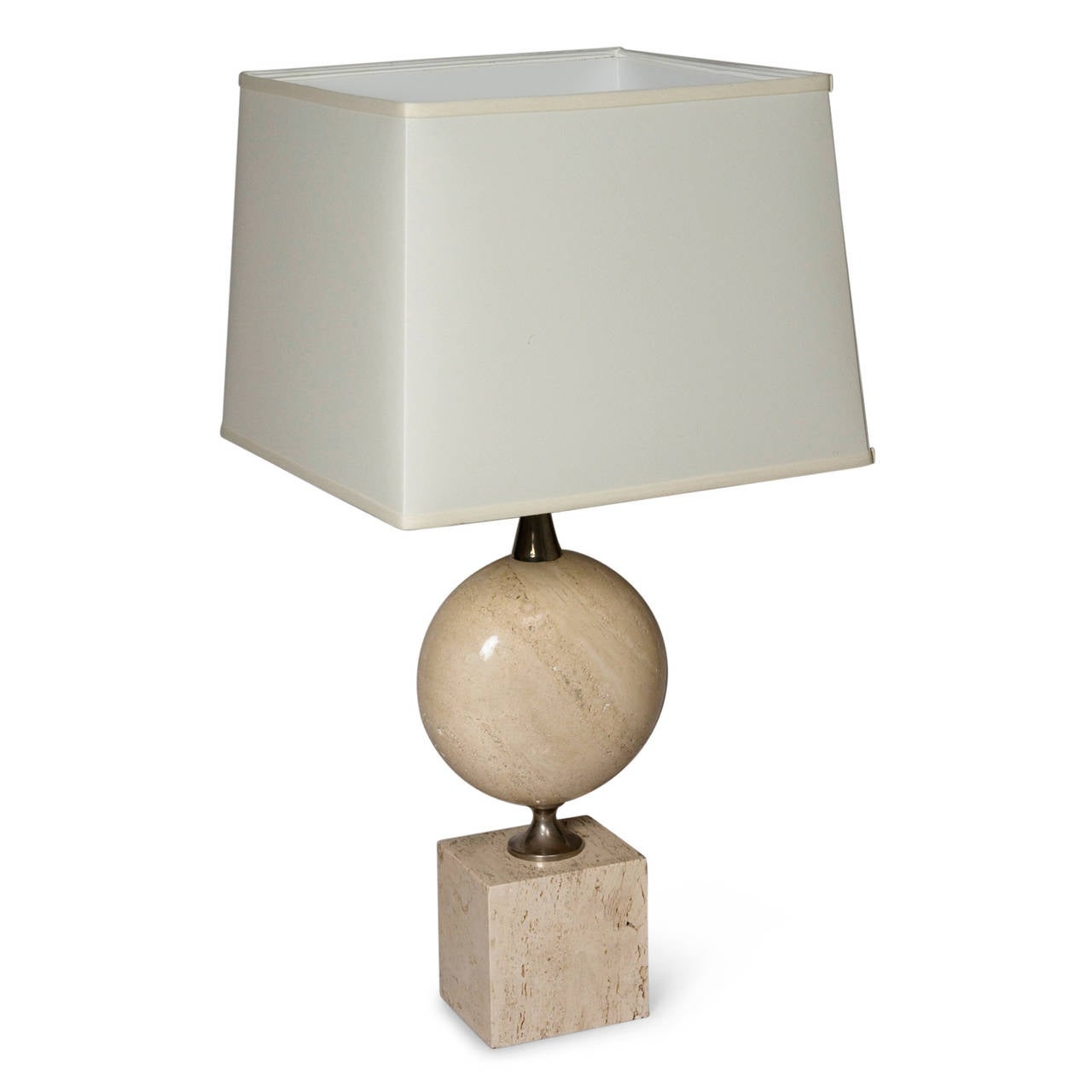 Pair of large polished travertine and chrome table lamps, the travertine cube shaped base separated from a disc shaped travertine element by chrome connectors, in custom silk shade, by Maison Barbier, French 1970s. Overall height 32 1/4 in, Shade