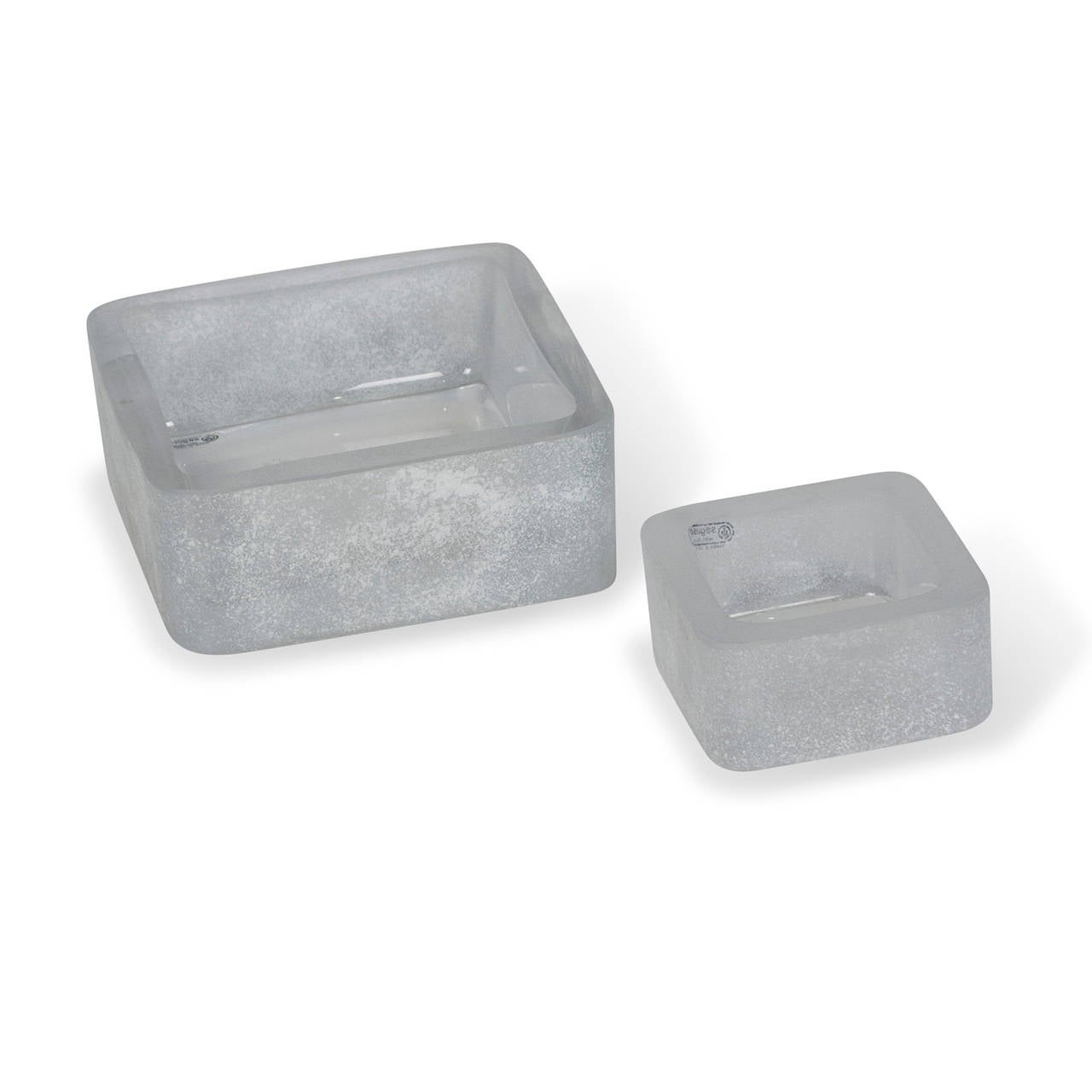 Two frosted glass dishes, square: On left: Square white frosted glass dish, with textured sides and insides, by Seguso, Italian 1970s. 2 3/4 high, 7 in square. (Item #2078). On right: Square white frosted glass dish, with textured sides, insides and