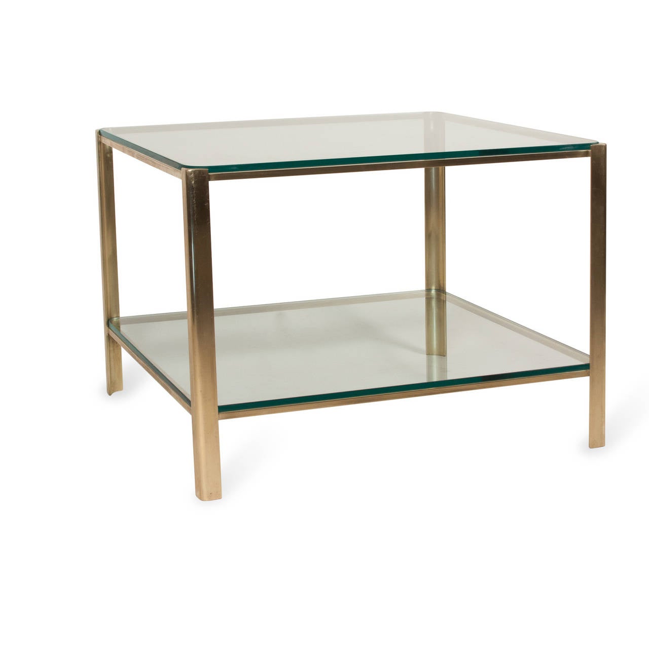 Brass frame square coffee table, glass top with rounded corners, lower glass shelf, by Maison Malabert. French, 1940s. Stamped markings to inside edge. Attributed to Jacques Quinet. 24 in square, height 17 in. (Item #2260)