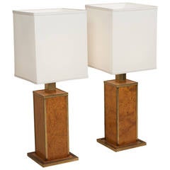 1970s Burl and Brass Table Lamps