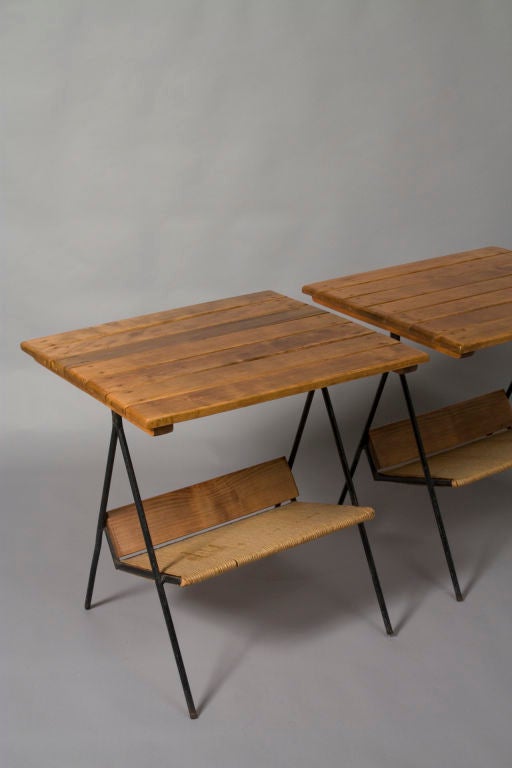 Pair of Slat Wood Surface Iron Frame End Tables by A. Umanoff