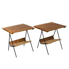 Pair of Slat Wood Surface Iron Frame End Tables by A. Umanoff