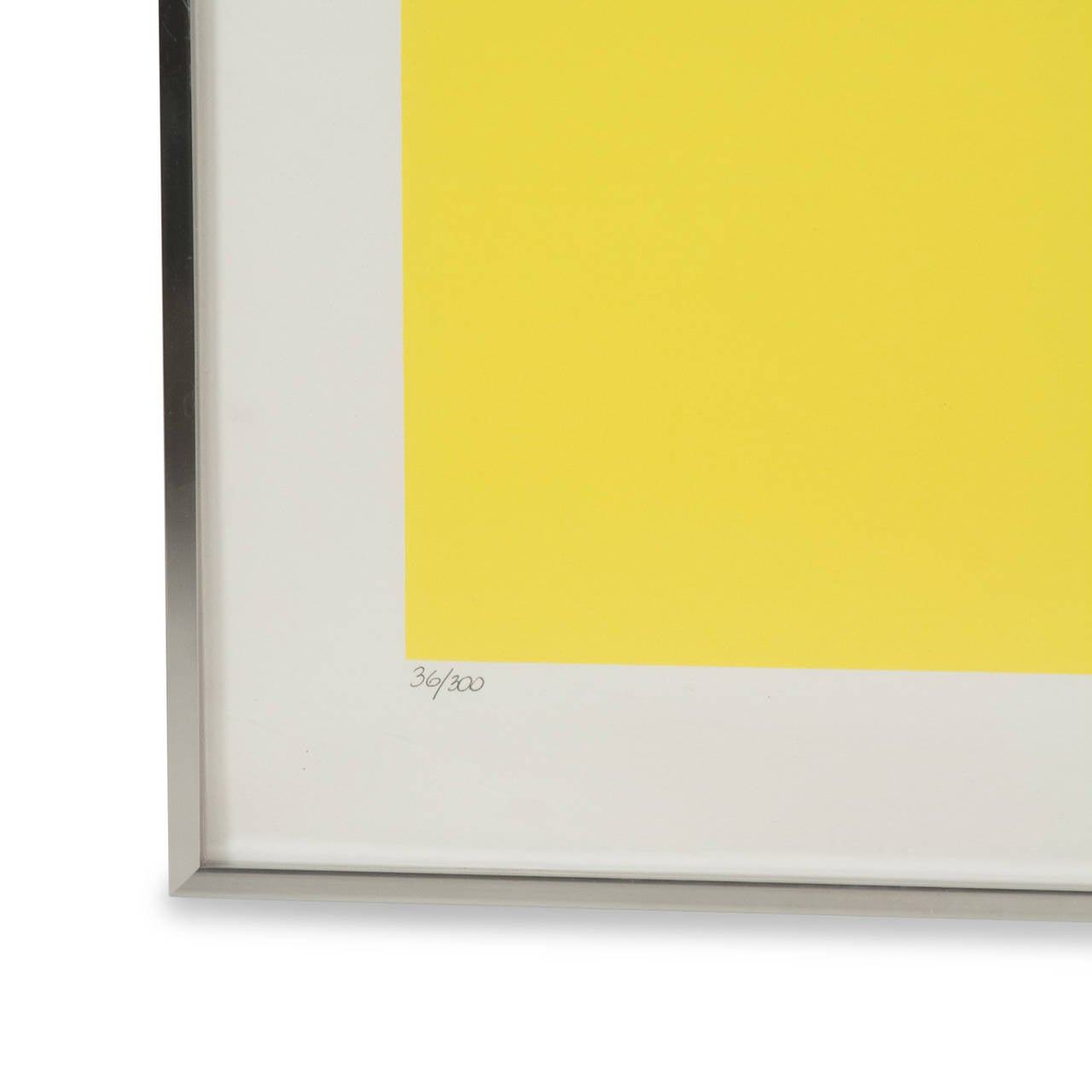 Abstract screen-print, four different vertical color blocks, in aluminum frame, by Jay Rosenblum (1933-1989), American, 1975. Numbered lower left in pencil 36/300, signed lower right in pencil. Framed 42 1/2 in x 24 1/2 in.