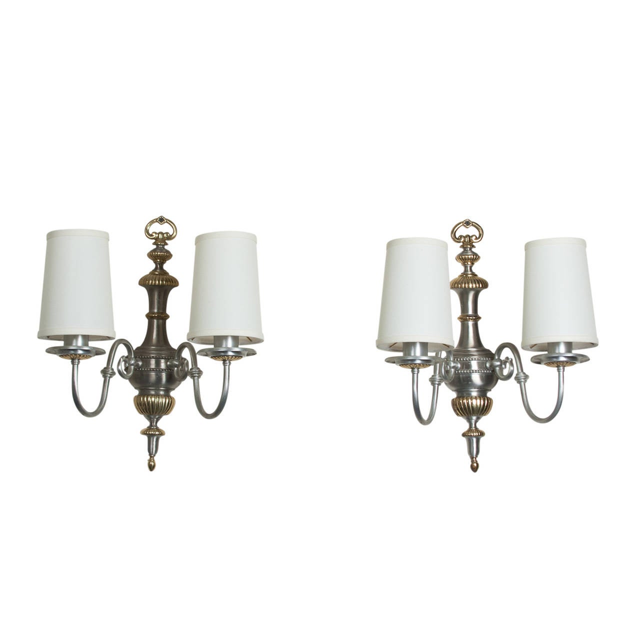 Late 20th Century Brushed Steel Two-Arm Sconces, Pair For Sale