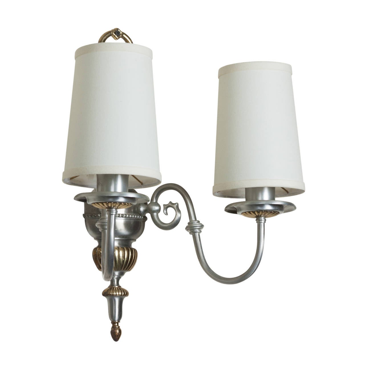 American Brushed Steel Two-Arm Sconces, Pair For Sale
