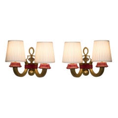 Pair of French 1940s Two Arm Bronze and Crystal Sconces