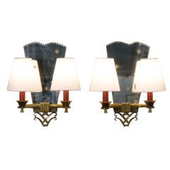Pair of Two Arm Mirror Back French Star Wall Sconces
