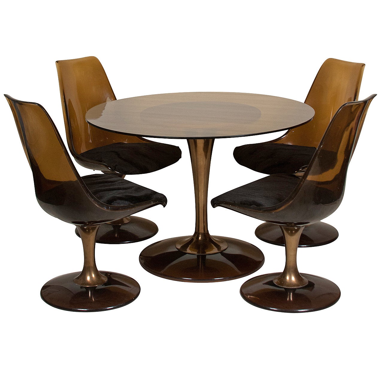 1970s Amber Glass-Top Tulip Dining Table and Chairs For Sale