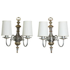 Brushed Steel Two-Arm Sconces, Pair