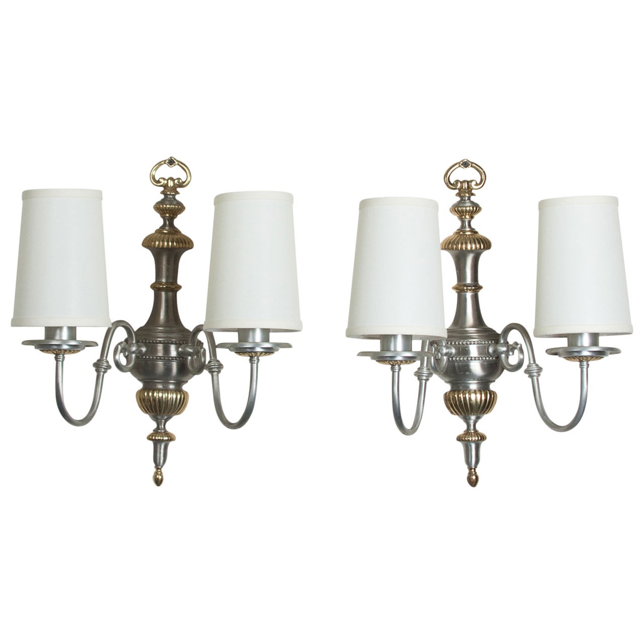Brushed Steel Two-Arm Sconces, Pair For Sale