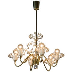 Six Arm Brass and Crystal "Fountain" Chandelier by Stejnar