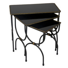 French 1950s Nest of Three Iron Black Glass Top Tables