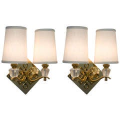 Vintage Pair of Crosshatch Bronze and Crystal Sconces