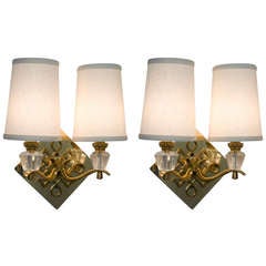 Pair of Crosshatch Bronze and Crystal Sconces