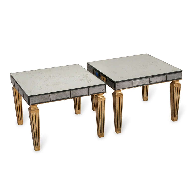 American Pair of Antiqued Mirror Top End Tables