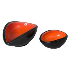 Set of Two Red and Black Glazed Biomorphic Ceramic Bowls